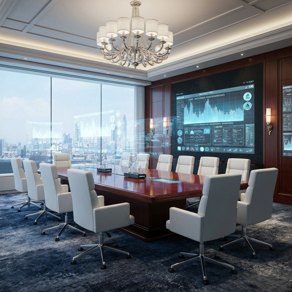 Sophisticated boardroom with holographic displays showing transparent mining operations
